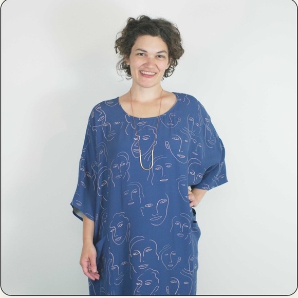 Corey Lynn Calter Blue Cream Selena Portrait Face Print Oversized Mini Dress OS - Picture 7 of 12